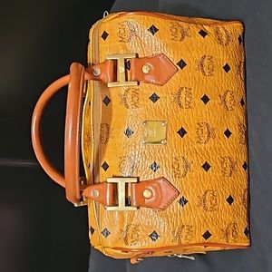 Authentic MCM Cognac Monogram Visetos Boston Bag